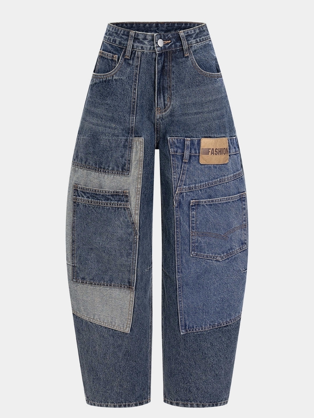 Micas Denim Patchwork Barrel Jeans in a dark blue wash  contrasting patchwork